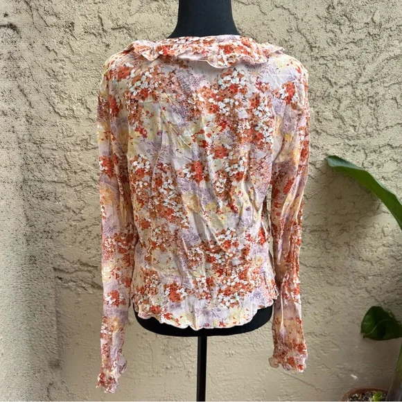 Vintage NWT 90’s Clio Floral Ruffle Button Down Bell Sleeve Blouse - Picture 6 of 8